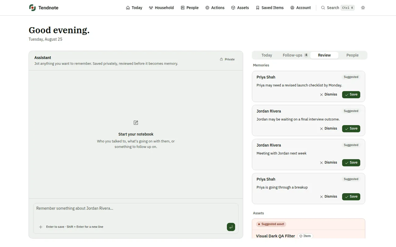 tendnote's review queue: four suggested memories about two people, each labelled Suggested with Dismiss and Save beside it, and a suggested asset below them.