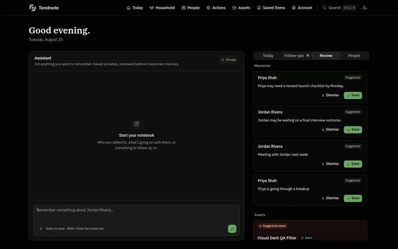 The same review queue rendered in tendnote's dark theme, with the suggested memories and the suggested asset below them.
