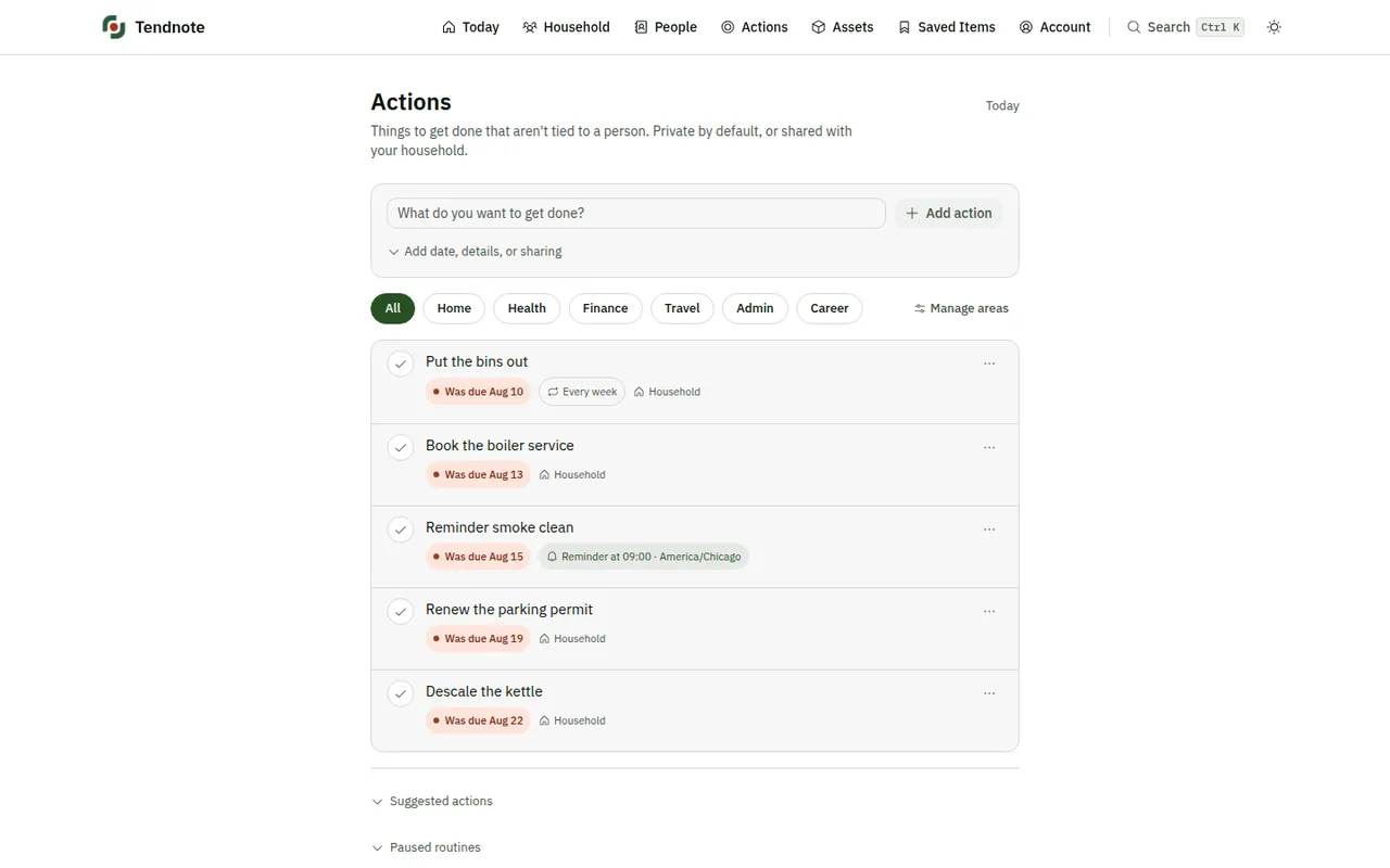 tendnote's Actions view: five household chores filed under Areas such as Home, Health and Finance, each with a due date and a Household tag.