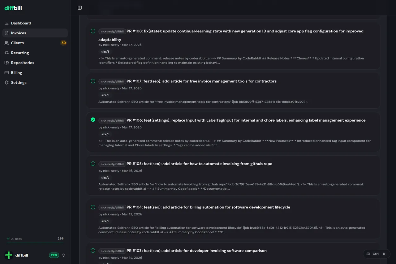 diffbill's pull request selection: merged pull requests from a private repository, each with its number, title, author, merge date and size label, one of them selected.