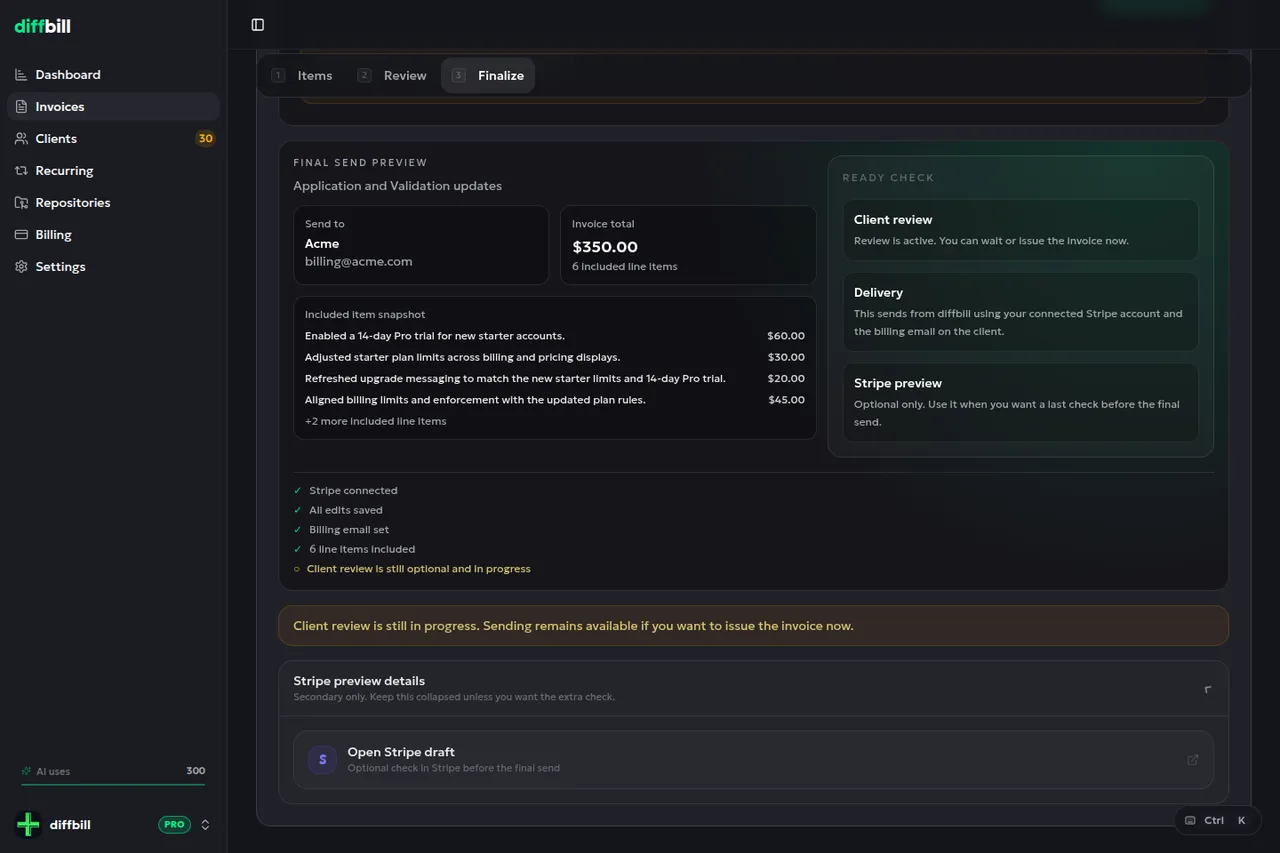 diffbill's finalize step: a final send preview naming the recipient, the billing email and a 350 dollar total over six included line items, a ready check listing client review, delivery and Stripe preview, a checklist reading Stripe connected, all edits saved, billing email set and six line items included, and a collapsed panel offering to open the Stripe draft.