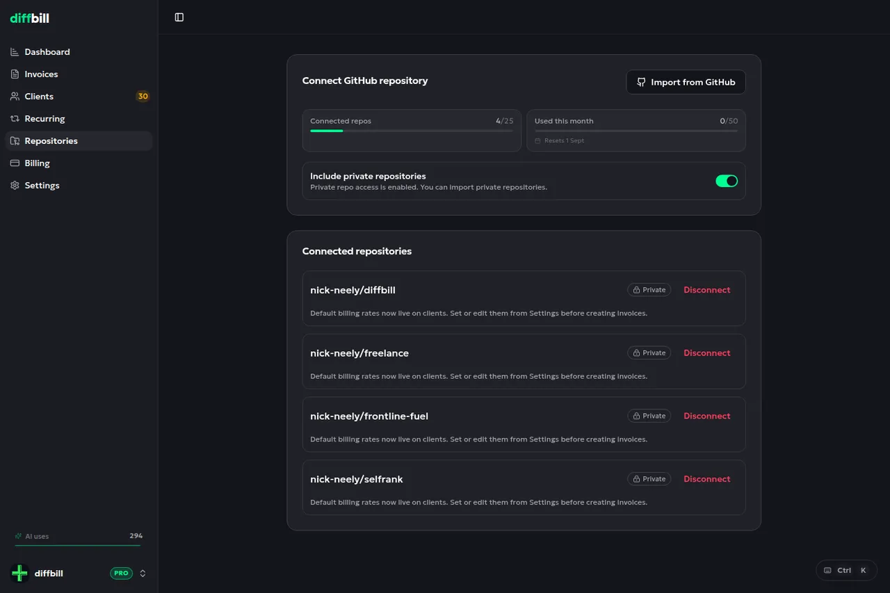 diffbill's repositories page: a connected-repos meter reading four of twenty-five, a toggle for including private repositories, and four connected repositories each marked Private with a Disconnect control.