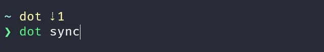 The terminal shows a dot update reminder and dot sync filled in at the prompt after pressing Ctrl+G.