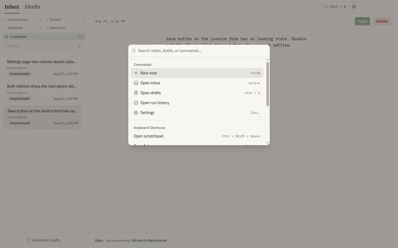 pilog's command palette open over the inbox, listing commands for a new note, the inbox, drafts and run history, above a keyboard-shortcut reference including Open scratchpad on Ctrl Shift Space.