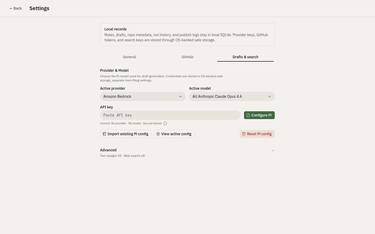 pilog's provider and model settings: an active-provider picker, a model picker, an API key field noting that no key is stored, buttons to import or reset the Pi config, and an Advanced summary reading turn budget 20 and web search off.