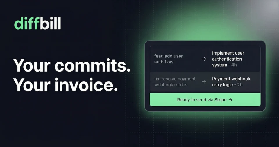 diffbill's own social card: the name over a dark field beside a preview turning a commit message into an invoice line item, ending "Ready to send via Stripe."