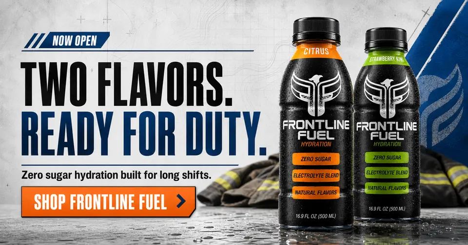 Frontline Fuel's own social card: "Two flavors. Ready for duty." beside citrus and strawberry kiwi bottles over dark, wet turnout gear.