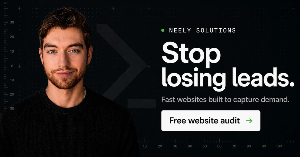 Neely Solutions' own social card: "Stop losing leads." beside a portrait, over a dark grid background.